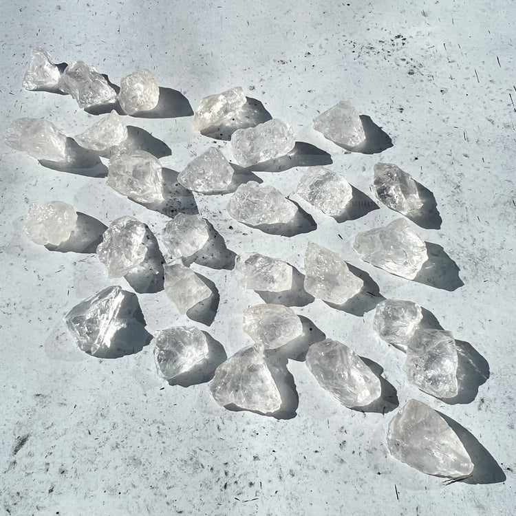 Arrangement of raw clear quartz chunks