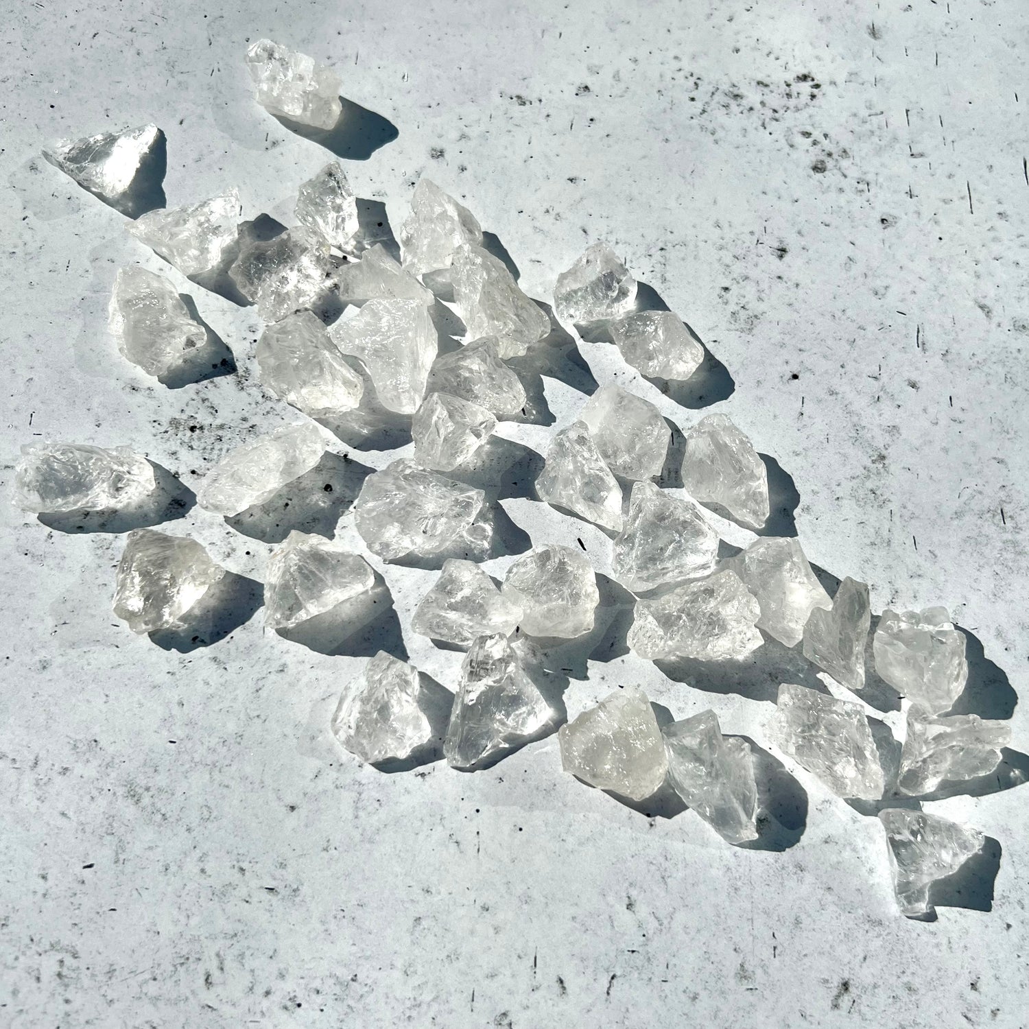 Arrangement of raw clear quartz chunks